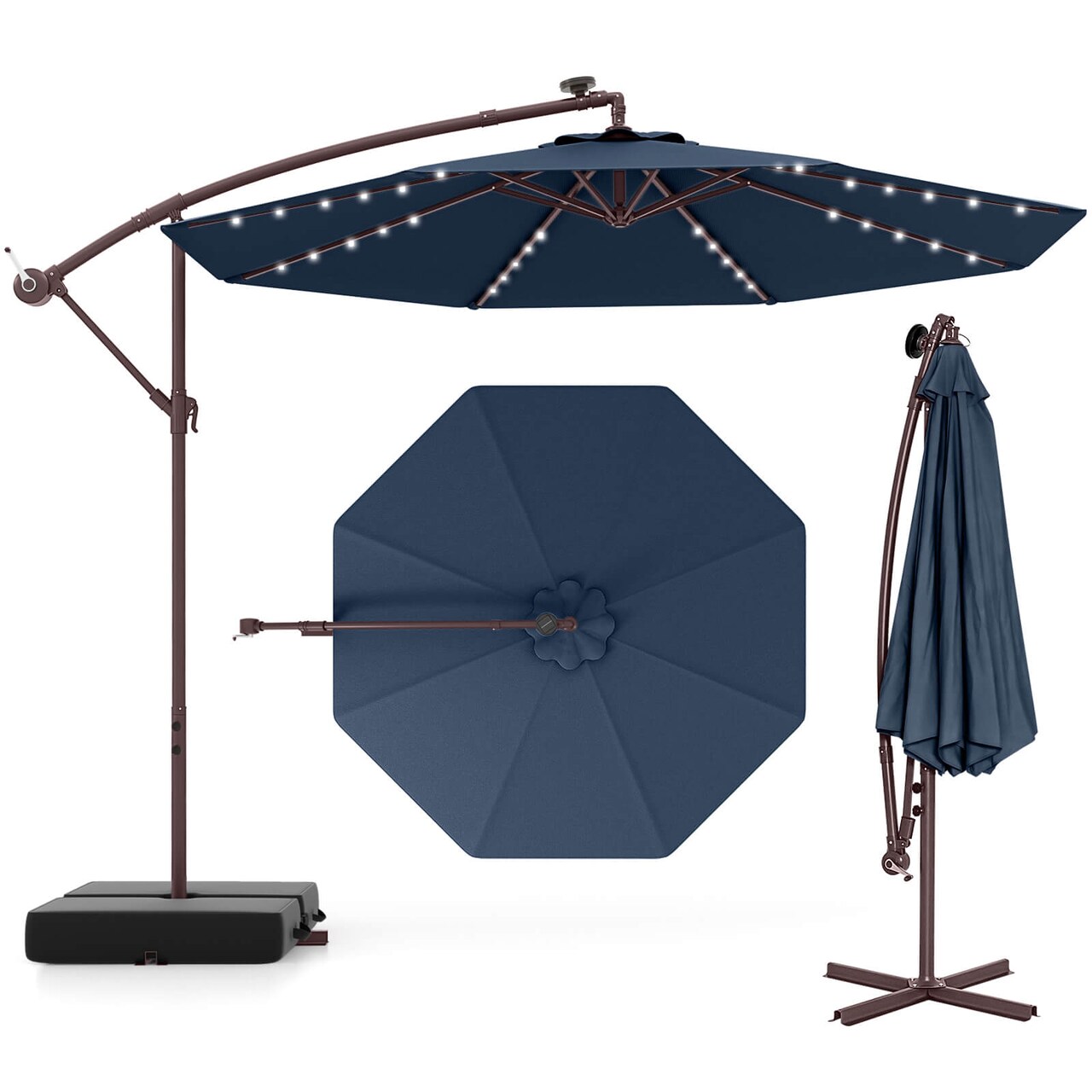 Costway Patio 10FT Hanging Offset Umbrella 32 LED Lights Sand Bag Outdoor Cross Base Beige/Turquoise/Dark Gray/Wine/Coffee/Navy